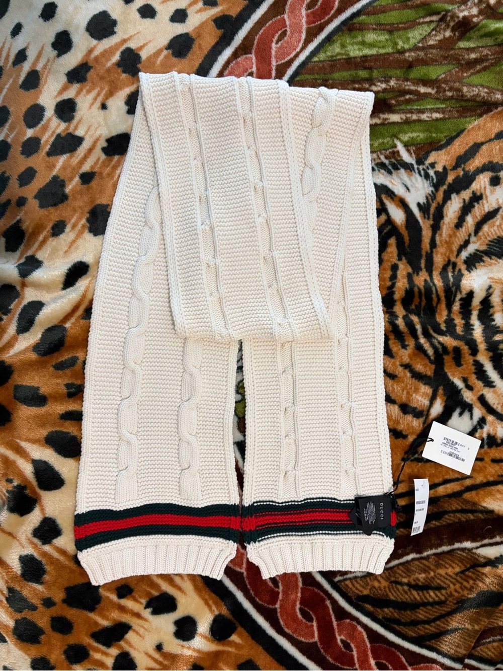 Gucci Cream Knit Scarf with Red & Green Web Stripe
